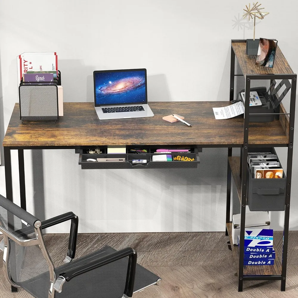 Rustic Brown 46-Inch Computer Desk with Side Shelf and Drawer for Home Office Mission Style
