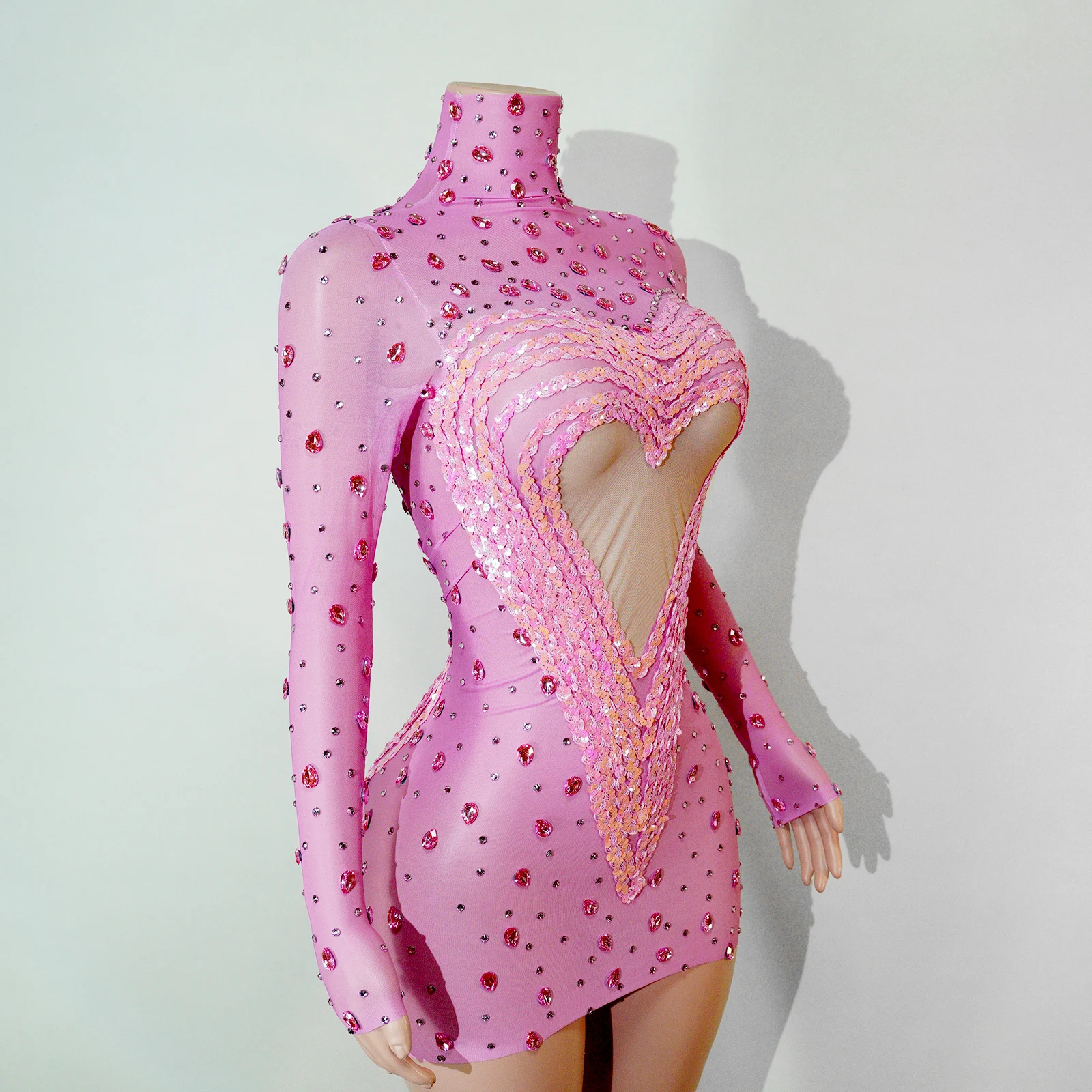 

Роскошное розовое платье из сетки с пайетками и кристаллами, сексуальный костюм для дня рождения, танцевальной вечеринки, выступлений в клубе, сценический наряд для певиц и танцовщиц.