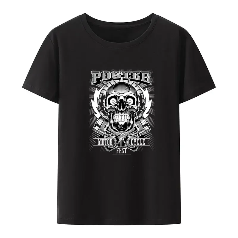 Retro biker skull with lightning and Pistons modal print t shirt funny street fashion hipster shirt creative casual men clothing