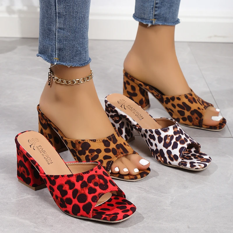 New Leopard Print Designer High Heels Open Toe Office Sandals 2024 Summer Trend Outdoor Slip On Women Slippers Zapatos Mujer