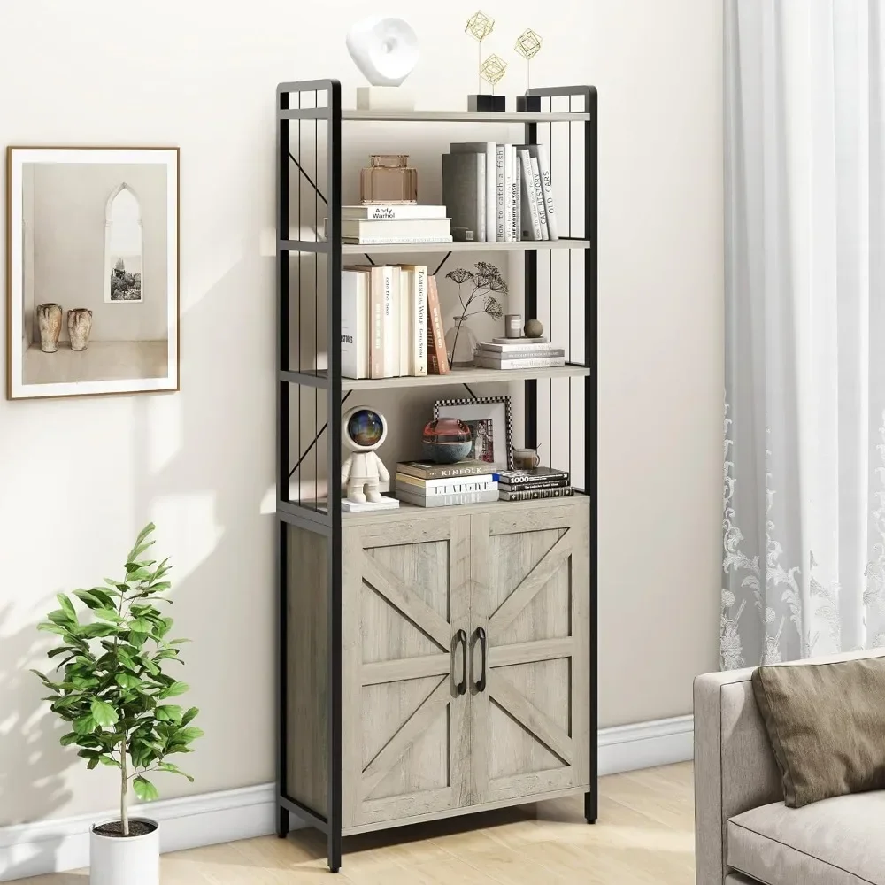 Bookshelf with Doors Gray 6 Shelf Display Storage Shelves BookshelfOrganizer Storage Cabinet Living Room Furniture Book Shelf