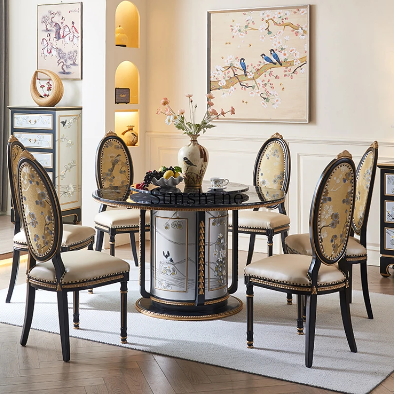 

New Chinese hand-painted flowers and birds, marble with turntable solid wood round villa dining table and chairs