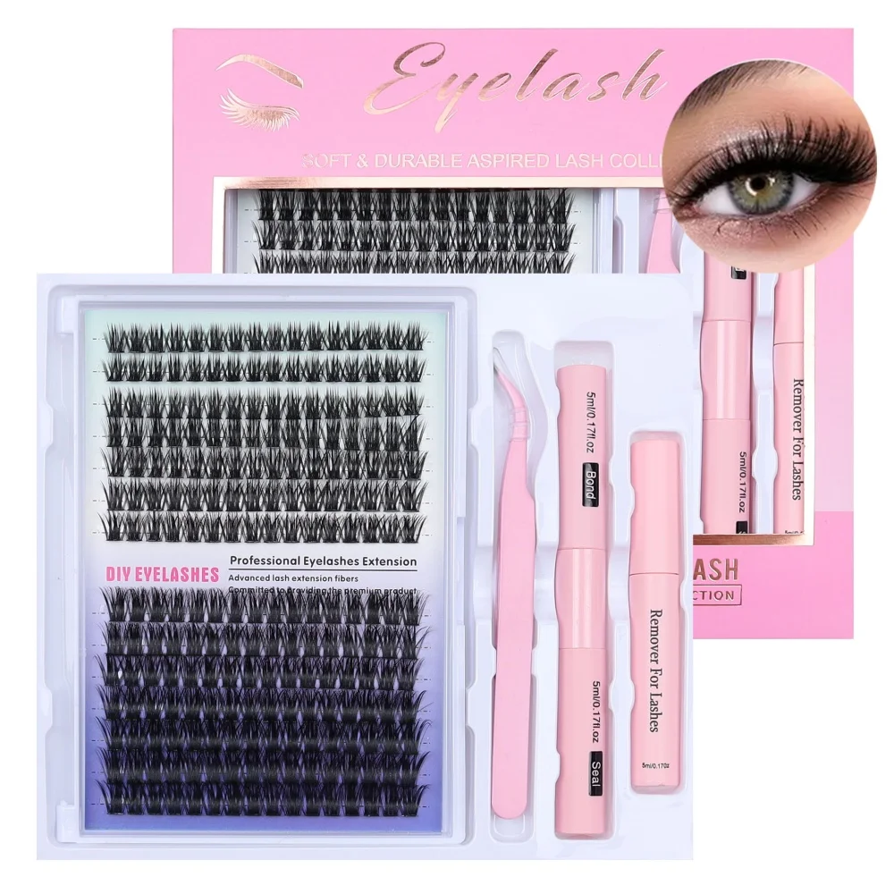 224 Wimpernverlängerungsset 9–16 mm, gemischte Wimperncluster, D-Rolle, mit Wimpernkleber und einem speziellen Clip für falsche Wimpern