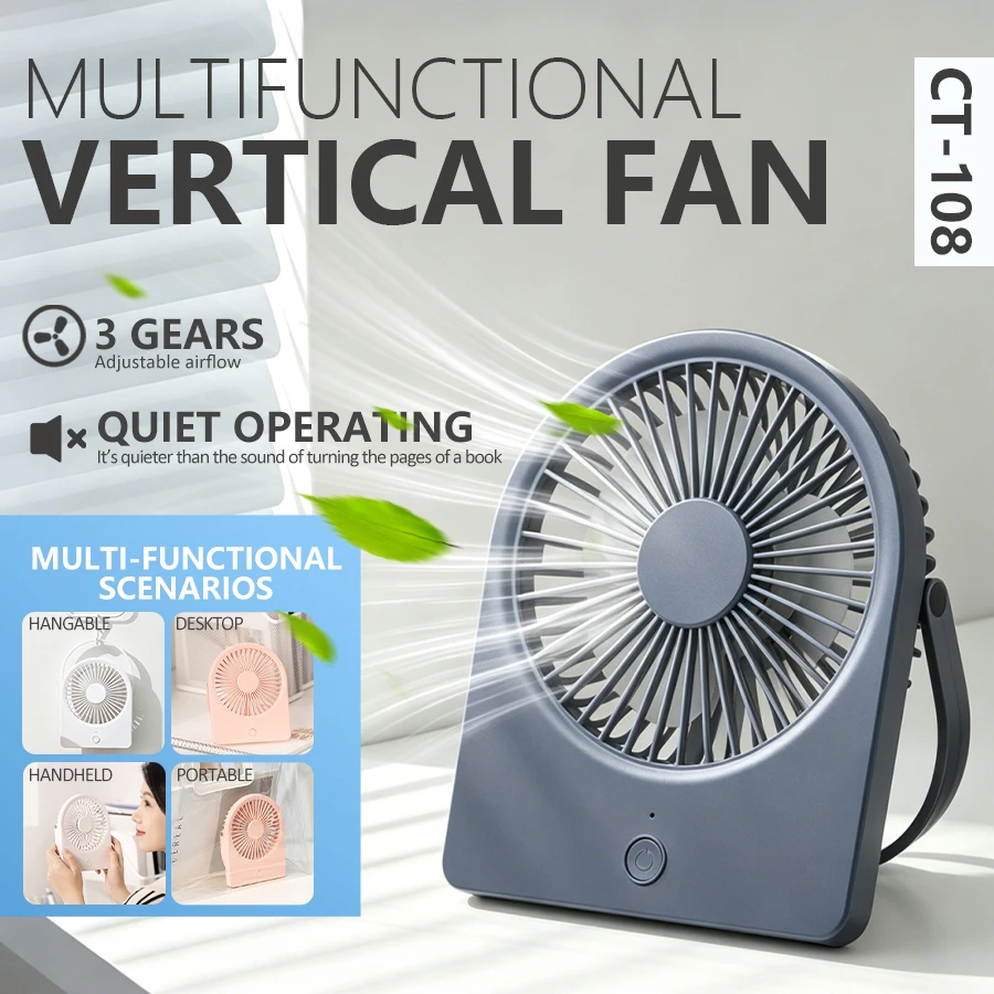 3-in-1 tragbarer Tischventilator, 3 Geschwindigkeitsstufen, auch als Wandventilator geeignet, ultraflach, leiser, leistungsstarker USB-Ventilator für Zuhause, Büro und Reisen