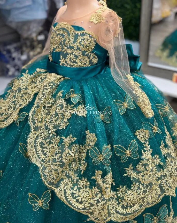 Hunter Green Little Princess Birthday Wedding Guest Dresses Gold Lace Applique Gillter Long Sleeve Flower Girls Dress customsize