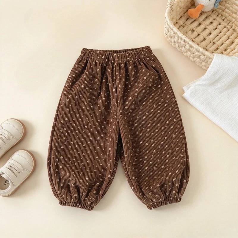 Spring Autumn New Children Pants 1-5Years Girls Pants Children Corduroy Coffee Color Cute Floral Pattern Casual Outdoor Clothing