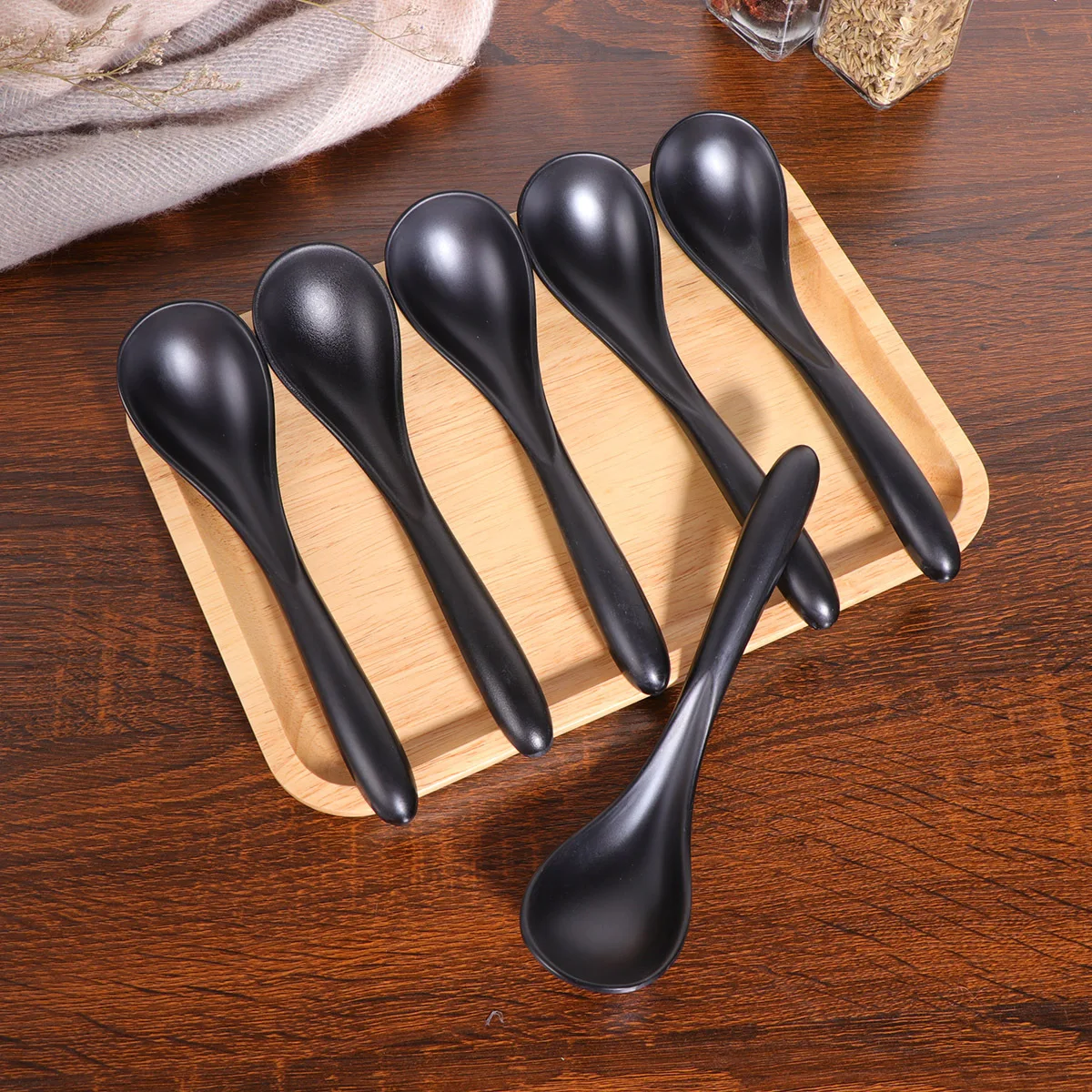 Cuchara de sopa negra, porcelana de imitación de melamina, no tóxica, inodoro, acabado hecho a mano, vajilla comercial, 6 uds.