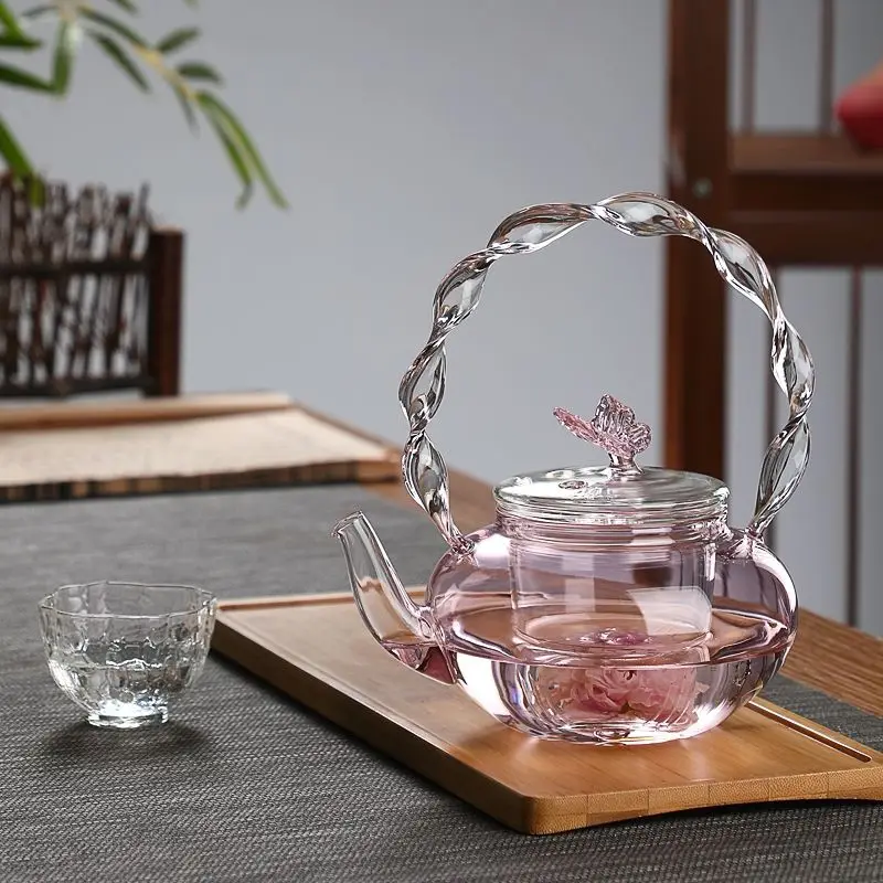 700ML Pink Butterfly Glass Coffee Pot Tea Pot Electric Ceramic Stove Glass Tea Pot High Temperature Resistant Tea Pot