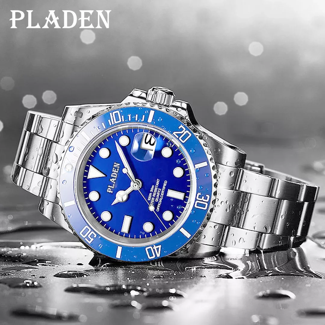 

PLADEN Business Blue Watch For Mens Luxury Stainless Steel Quartz WristWatch Male Fashion Automatic Date AAA Clocks Reloj Hombre