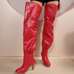 Women's Fashion Thick Heels Thigh High Boots Short Plush Warm Over The Knee Boots Women Red PU Leather Lace Up Long Booties 43