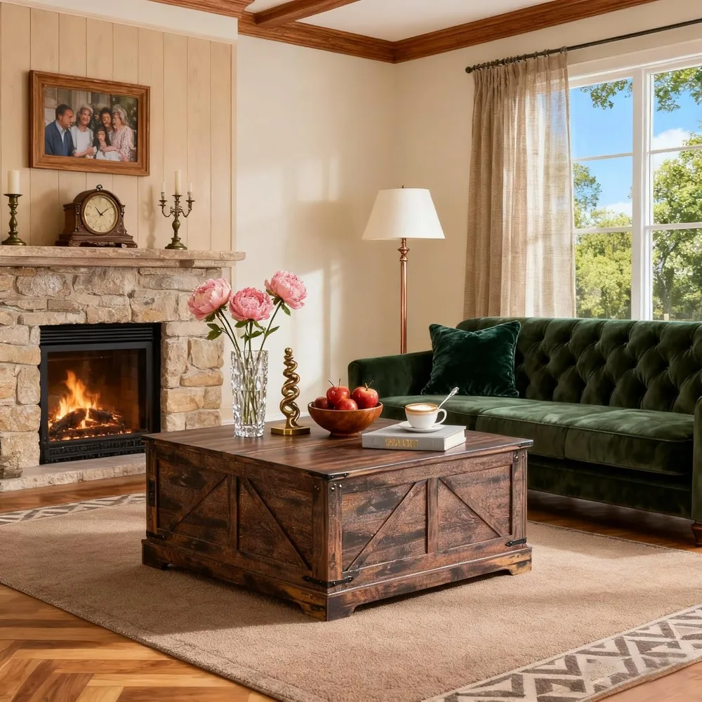 

35.4 Lift Top Coffee Table, Farmhouse Square Coffee Tables with Storage for Living Room, Center Table with USB Charging