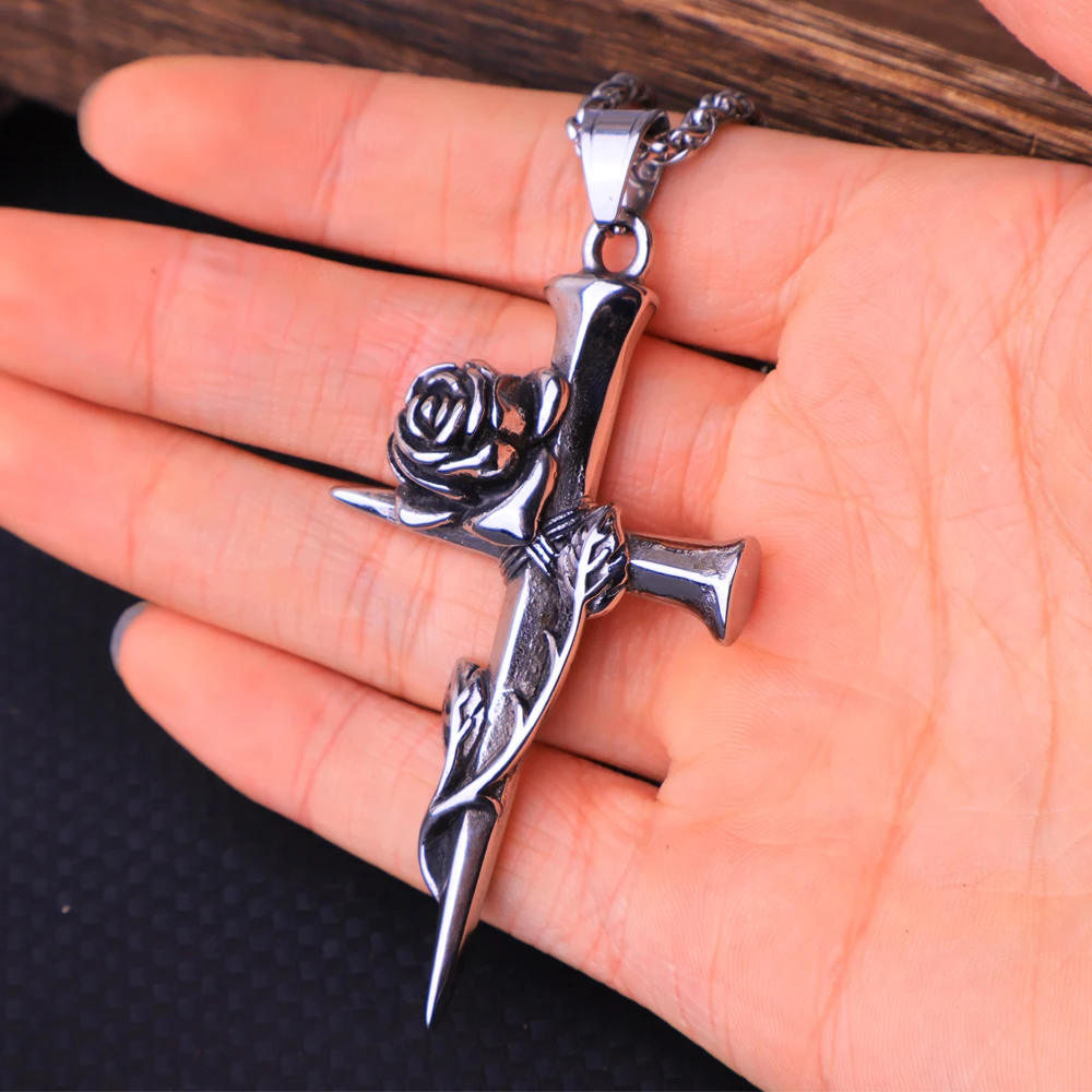 New Arrival 316L Stainless Steel Nail Cross Rose Pendant Necklace High Polished Men's Pendant Romantic Jewelry Gift Wholesale