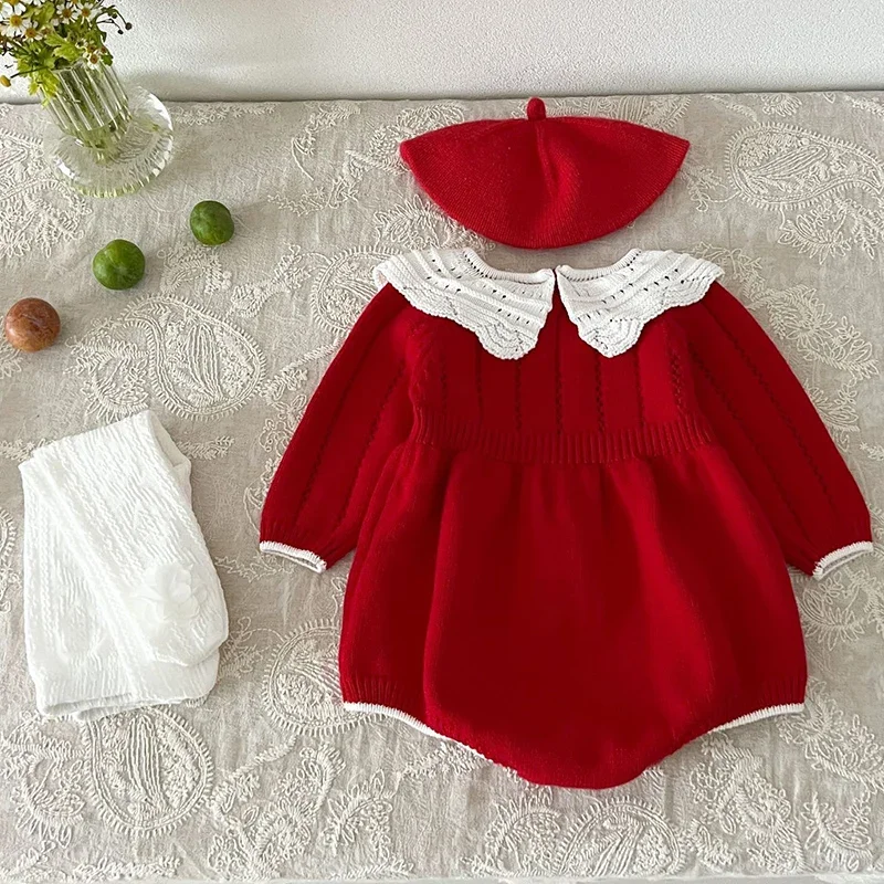 Christmas Knitting Newborn Romper Baby Girl Autumn Red Clothes Cute Long Sleeve Sweater Romper Jumpsuit Casual Newborn Outfits