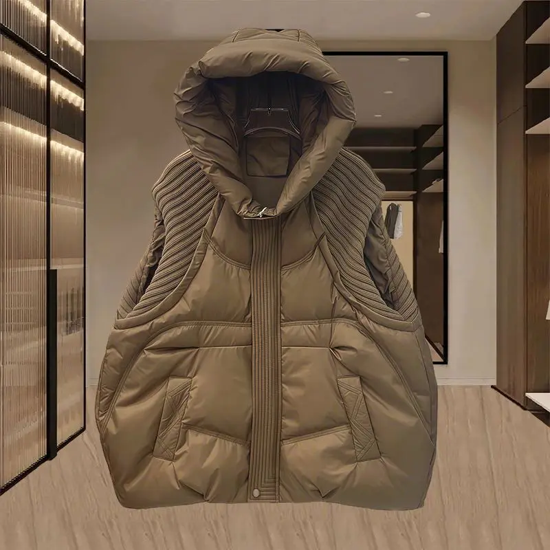 

Design Sense: корейский модный вязаный жилет с капюшоном, женская свободная пуховая хлопковая куртка, модная верхняя одежда без рукавов w1447