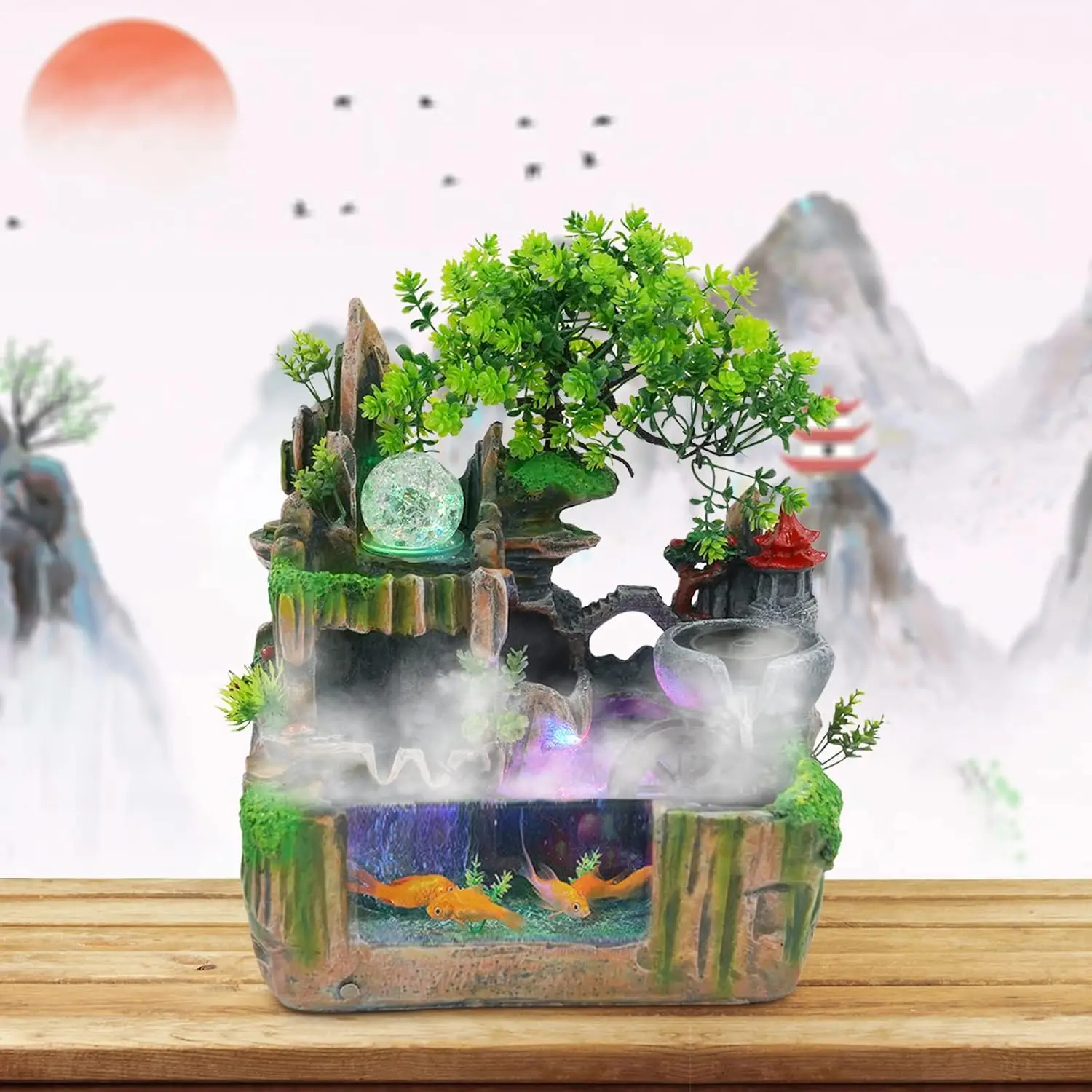 

Indoor Fountain Rockery Tabletop Fountain with an Atomizer Elaxation and LED Light Water Feature for Decor or Christmas Gift