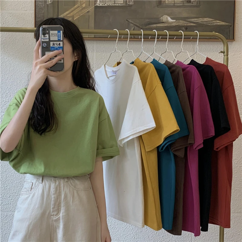 Camiseta de manga corta de talla grande para celebridades de Internet, tops holgados y versátiles de media manga para estudiantes Harajuku de estilo coreano de verano para mujer