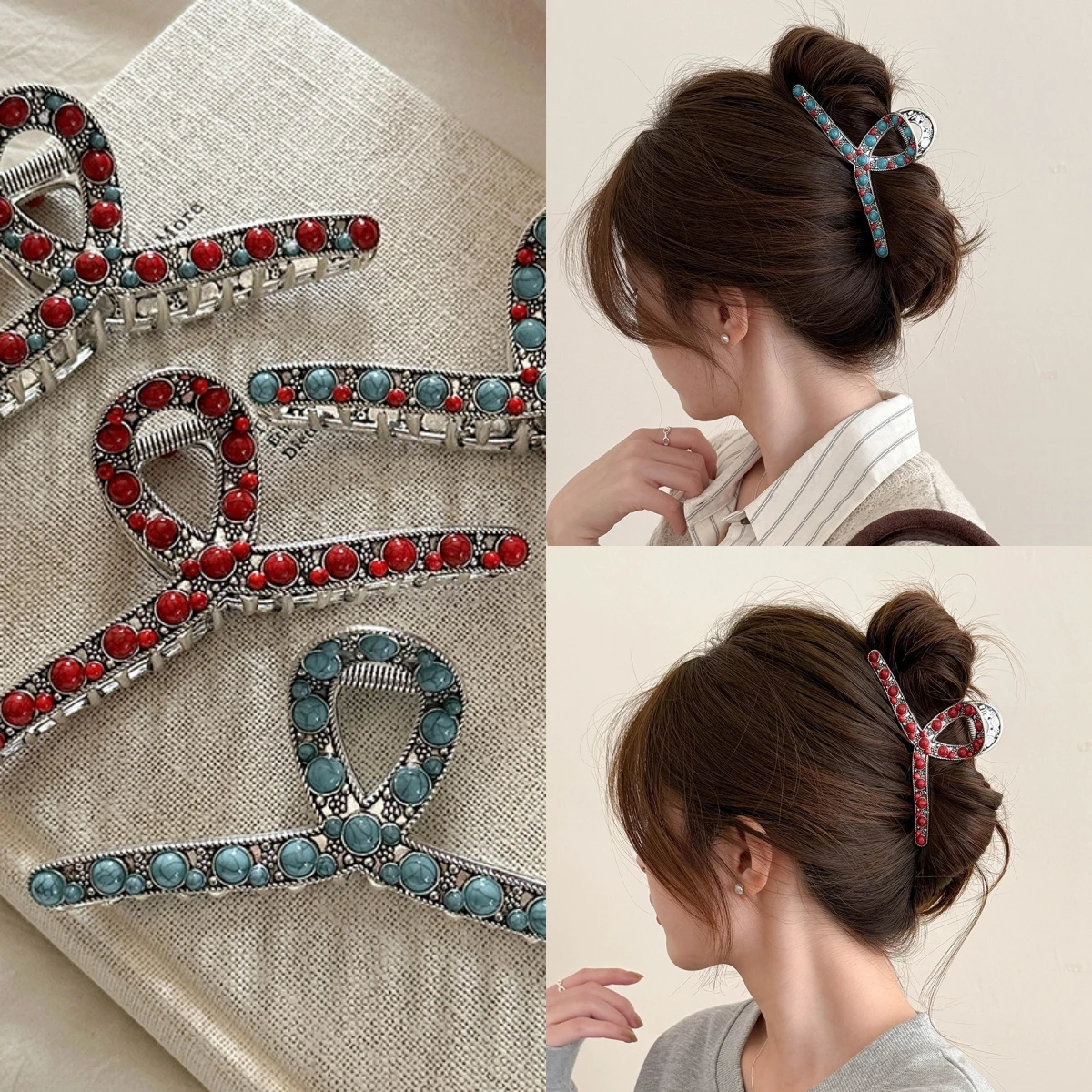 Colorful Rhinestone Shark Clip Temperament Versatile Gemstone Ponytail Clip Back of The Head Hair Clip Hair Styling Accessories