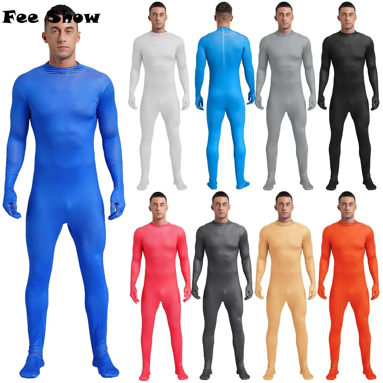 

Мужское цельнокроеное боди Zentai Unitard с длинными рукавами и перчатками, чулки на молнии сзади, боди, однотонный комбинезон, танцевальная одежда