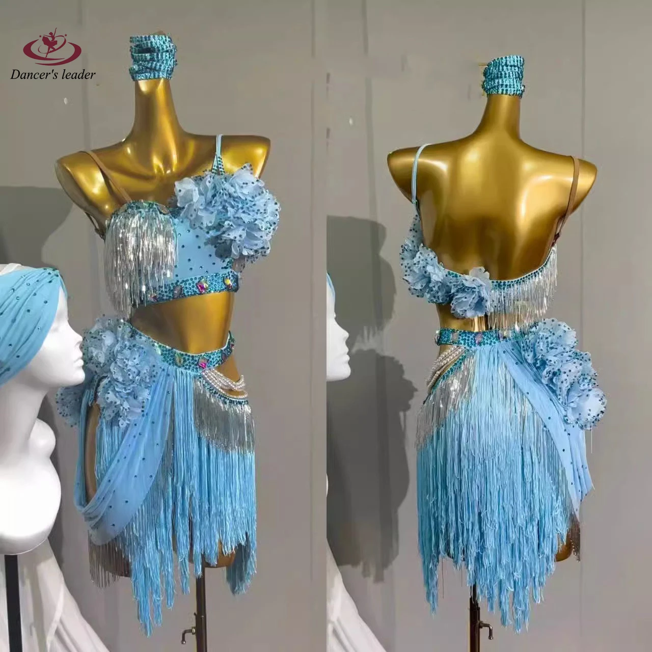 Vêtements standard de performance sur scène de danse latine, robe spéciale de samba, tube de perles de fleur bleu ciel personnalisé, haut de gamme