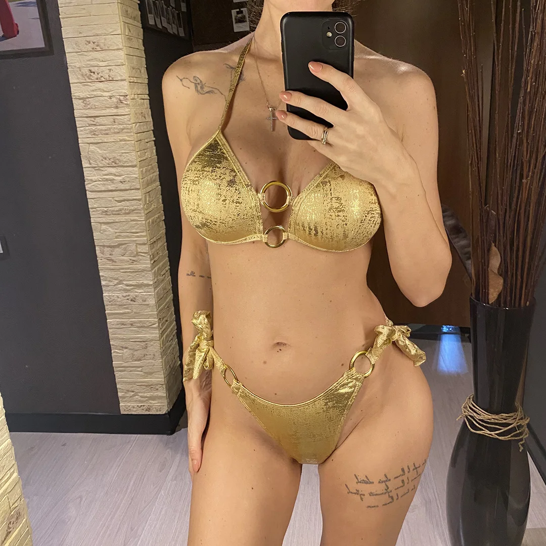 Funkelnder Neckholder-Bikini, Damen-Badebekleidung, zweiteiliger Bikini-Set, hoher Beinausschnitt, gepolsterter Badeanzug, Badebekleidung, Schwimmbikini V7179 – Detail 2