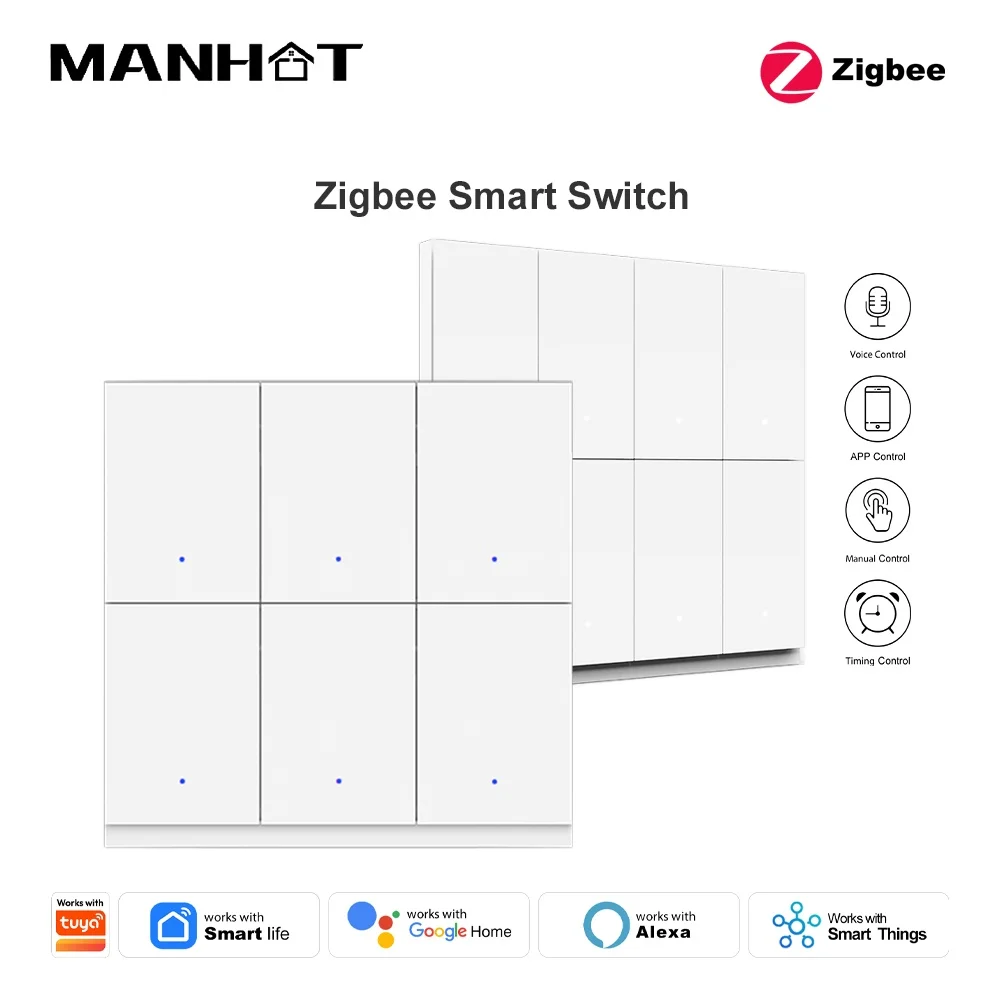 Manhot Zigbee Smart Light Switch 6/8 Gang Push Button Switches With Neutral Wire Voice Control Works With Tuya Alexa Google Home
