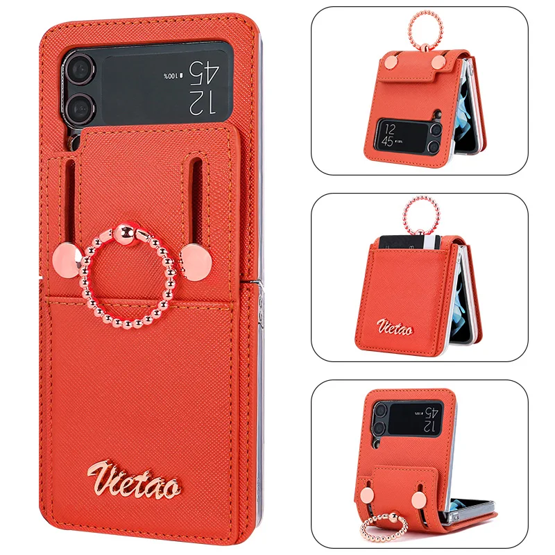 VIETAO Z Flip 3 Casing Ponsel dengan Tempat Cincin Jari, Penutup Ponsel Kulit PU untuk Galaxy Z Flip 3 dengan Slot Kartu, Emas Mawar