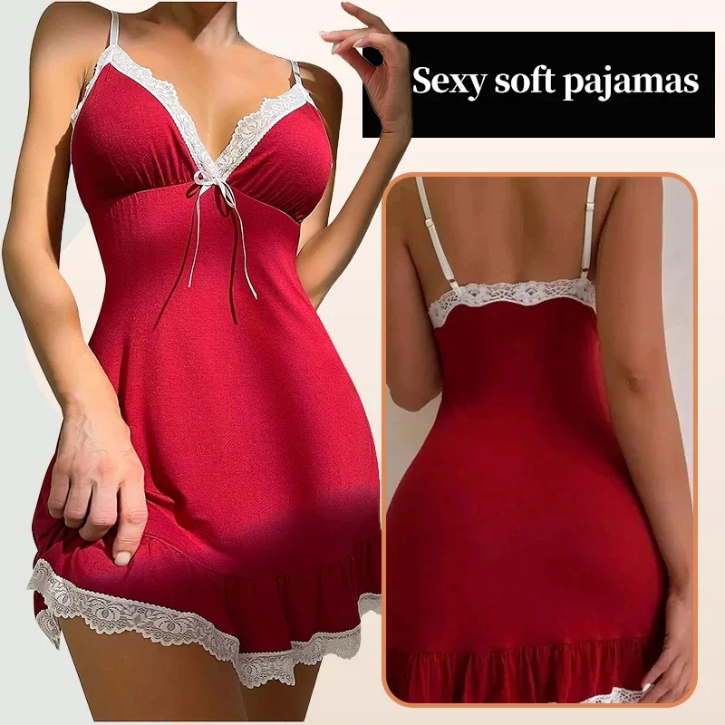 Lingerie vermelha sexy e divertida com superfície de seda e saia de renda branca borda com decote em V sem costas slim fit vestido de dormir em casa