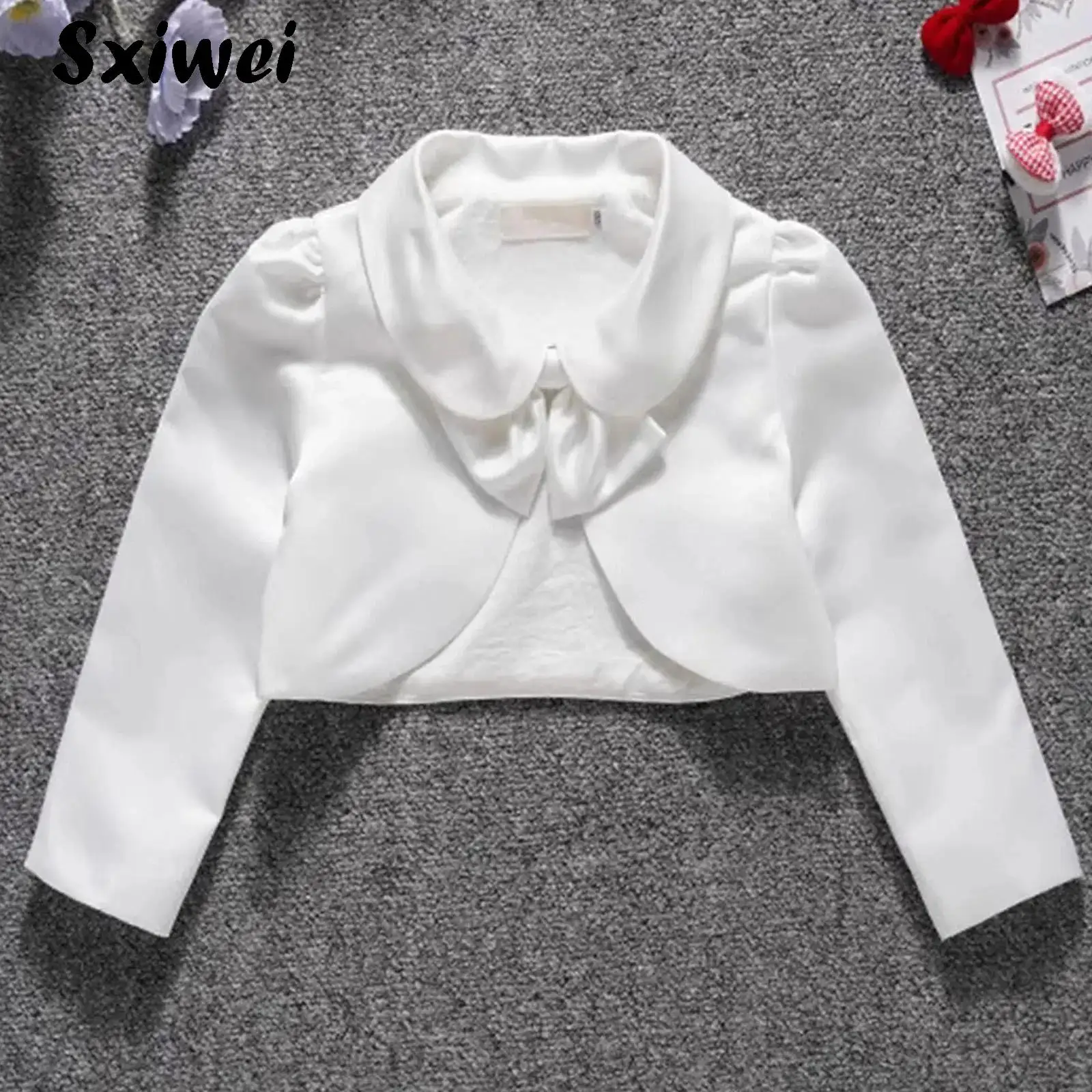 

Kids Satin Long Sleeve Bolero Baby Girls Shrug Elegant Princess Sweet Doll Collar Bowknot Cardigan for Wedding Party Gown Dress