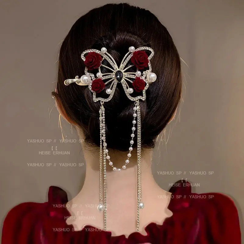 المرأة النبيذ الأحمر دبابيس الشعر مقاطع الشعر الإناث موضة جديدة أغطية الرأس زهرة الورد اللؤلؤ شرابات غطاء الرأس 2025 أغطية الرأس الجديدة