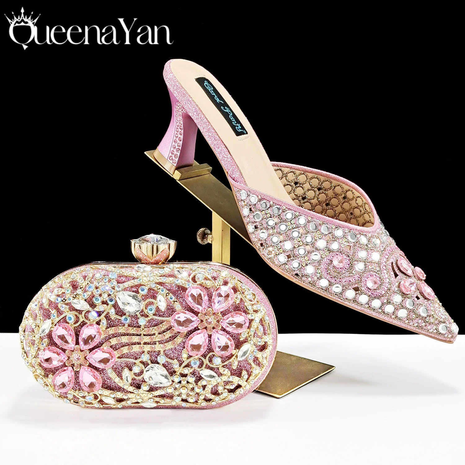 QSGFC 2024 New Design Specials Italian Women Heels Shoes and Bag in Pink Color Comfortable Heels With Rhinestone for Part