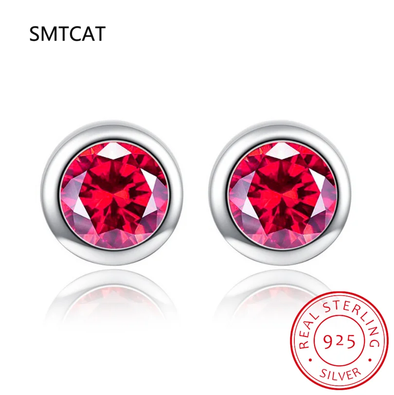 Round Genuine Red Garnet Ruby 925 Sterling Silver Bubble Stud Earrings for Women Fashion Engagement Jewelry Birthstone