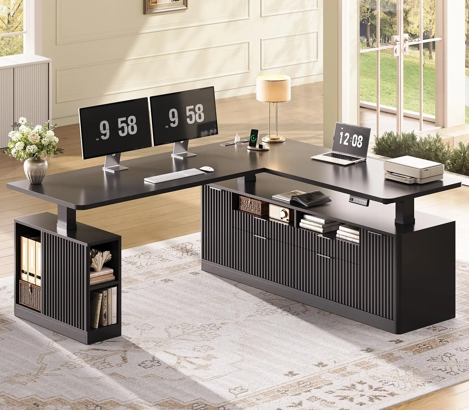 Fluted L Shaped Executive Electric Standing Desk with 4 Drawers | 69