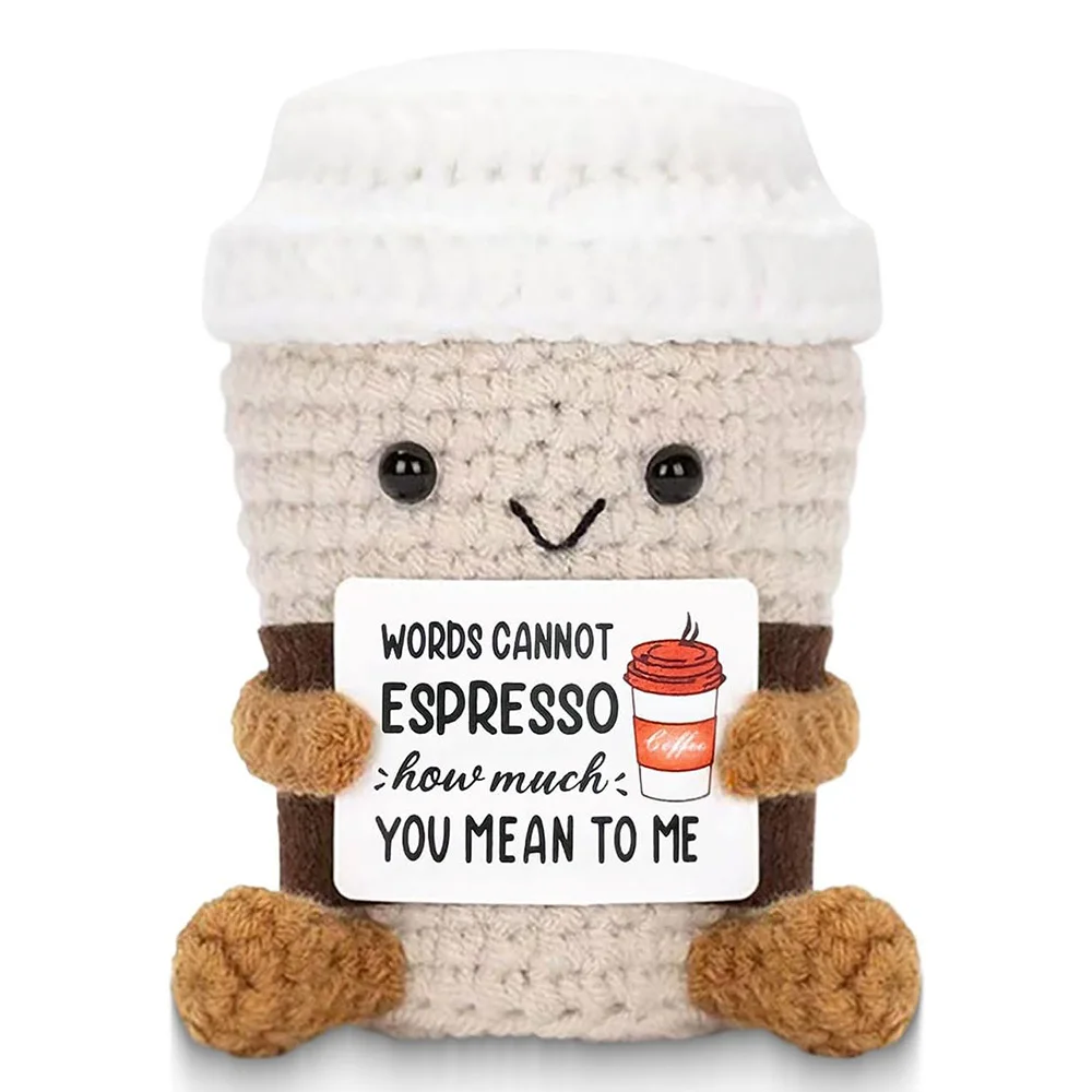 Handmade Knitted Coffee Dolls Funny Crochet Emotional Support Coffee Doll With Card Desktop Ornament Christmas Gifts Home Decor