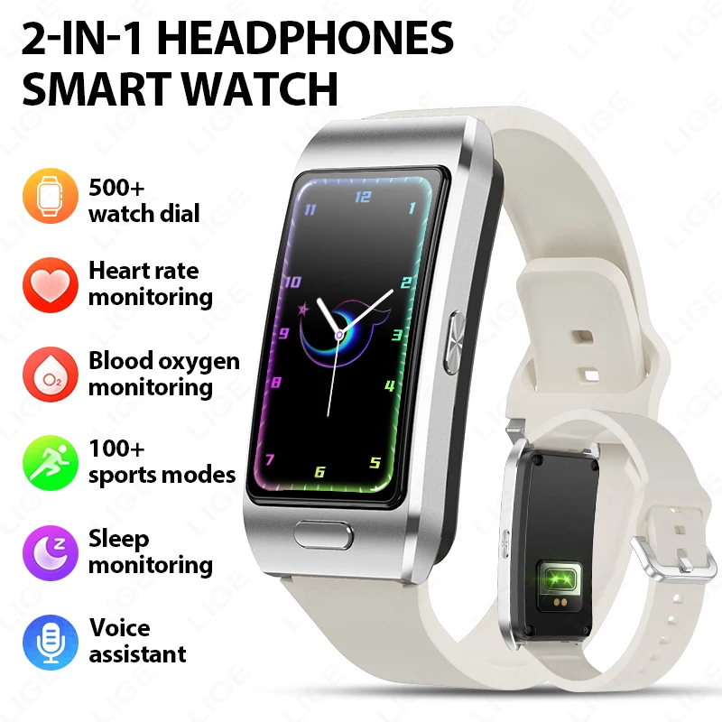 

LIGE Спортивные умные часы с наушниками-вкладышами Ответ на звонки 2 в 1, Bluetooth-музыкальные часы, GPS-трек, фитнес-смарт-браслет для женщин и мужчин