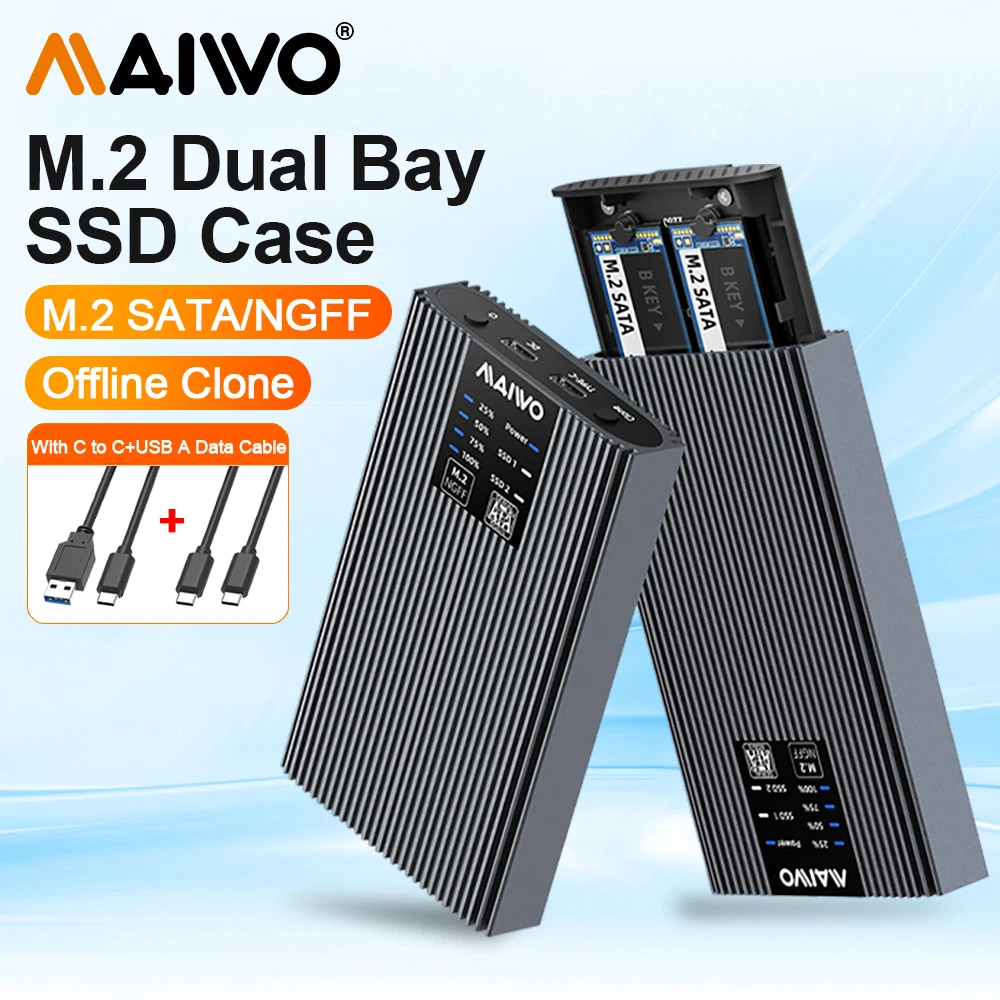 MAIWO Dual Bay M.2 SSD Case Support M.2 NGFF SATA SSD Enclosure for B Key & B+M Key SSD Support Offline Clone for PC Case Laptop