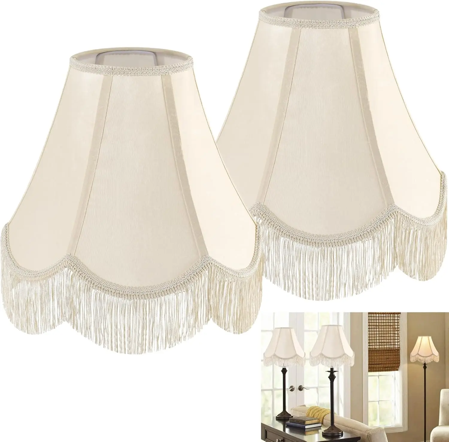 

Set of 2 Yellowish Beige Silk Lamp Shades – Victorian Scalloped Fringe Trim, 6x13x10.6 Inch (Spider Fit), Replacement F
