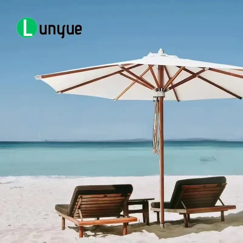 Large Beech Wood Pole Beach Umbrella White Canvas Top Outdoor Terrace Parasol for Resort Hotel Suitable for Volume Dealers