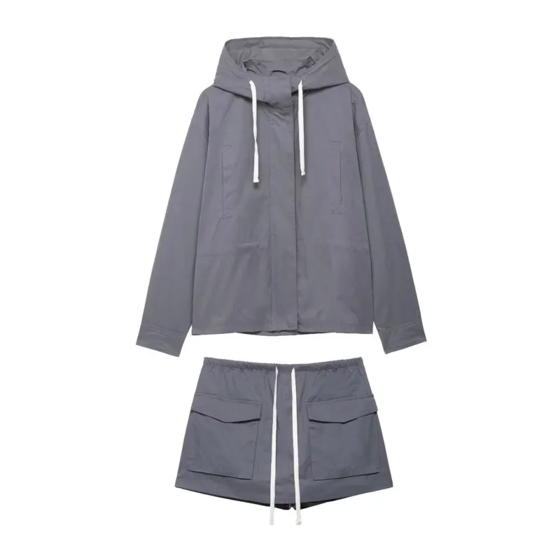 Frauen Mittlere Taille Hosen Set Casual Herbst Hoher Kragen Langarm Mit Kapuze Jacke Cargo Culottes mit Kordelzug Weibliche Outfit