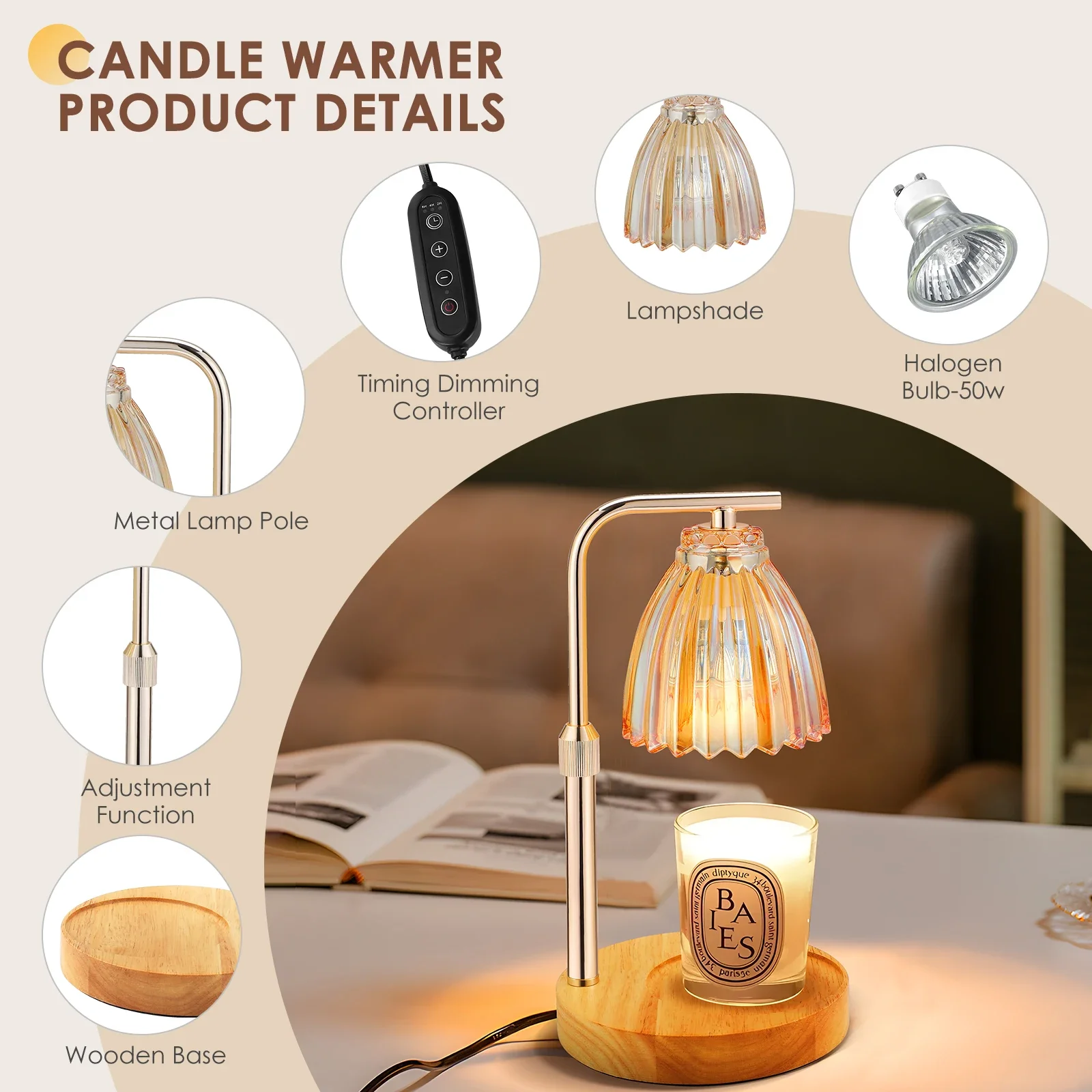 Solid Wood Wax Melting Light Bedside Light with Timer Candle Warmer for The Bedroom Aromatherapy Table Wooden Base Bedside Decor