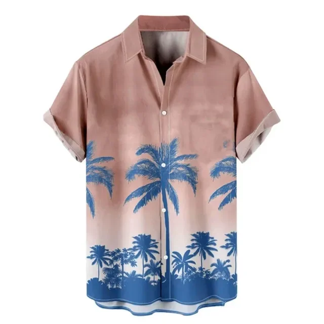 Retro striped color matching print fashion Hawaiian casual men\'s short-sleeved shirt loose breathable men\'s lapel tops large siz