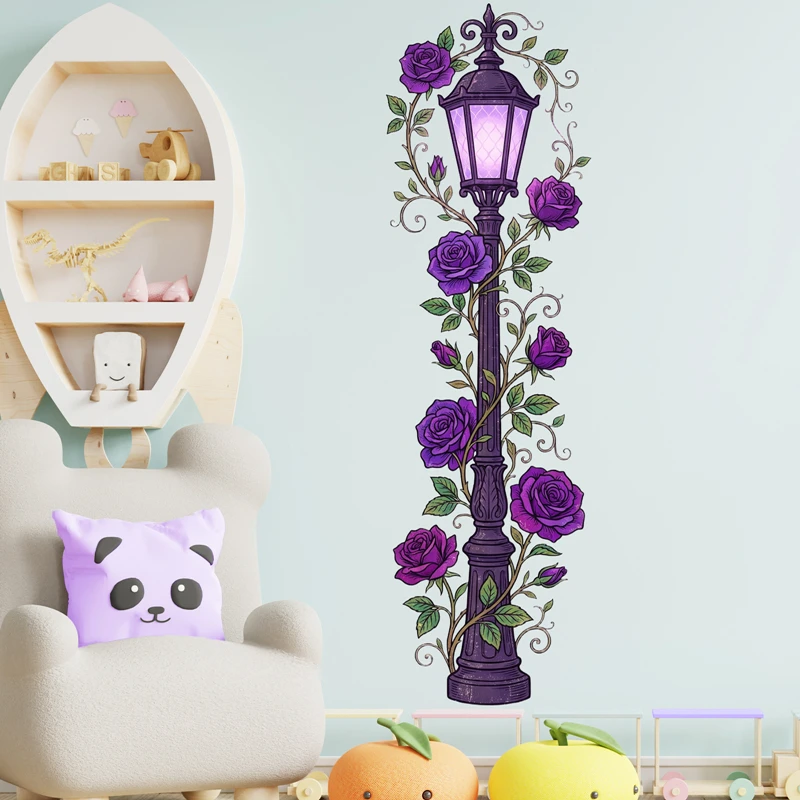Retro Streetlight in 88CM Height Rose Flowers Vines Vinyl Mural Stickers on the Door Wall for Aesthetic Rooms Home Decoration