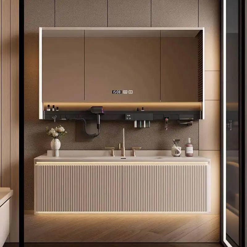 

Тумба для ванной из дуба с раковиной, в кремовом стиле, легкая роскошь, комбинированная с зеркалом, из массива дерева