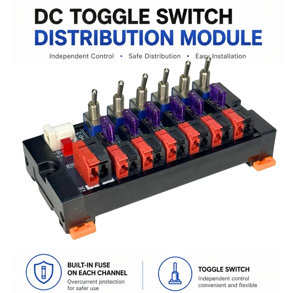 6 Channel DIN Rail Mount DC Power Distribution Module with LED Indicator Fuse per Channel