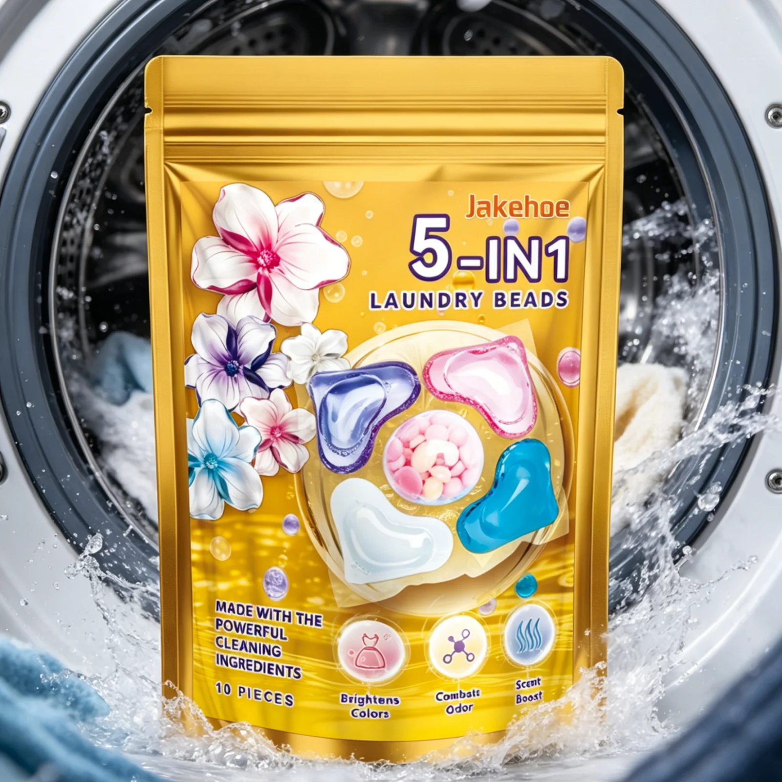 Jakehoe 5 in 1 Laundry Beads Detergent Stain Remover Fabric Softener Brightener Scent Boost Deep Cleaning Household Laundry Pods