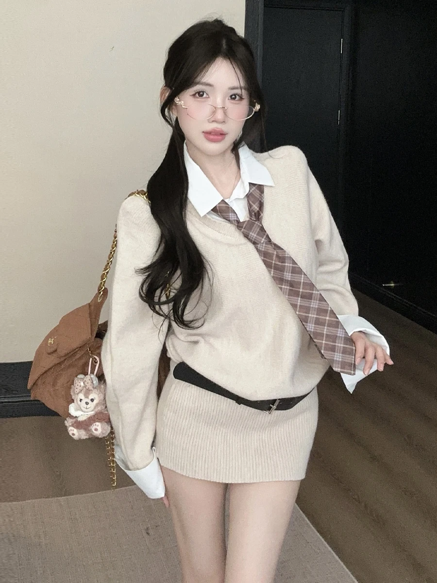 

Ele Slimming Ne Long Sve Трикотажное платье Сексуальный облегающий свитер ort Юбка Искусственная двухсекционная студенческая юбка Осень Зима