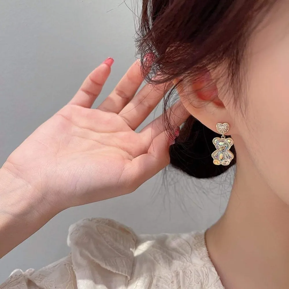 Romantic Sweet Little Bear Earrings Zircon Elegant Heart Shaped Stud Earrings Shiny Cute Korean Style Earrings Daily Wear