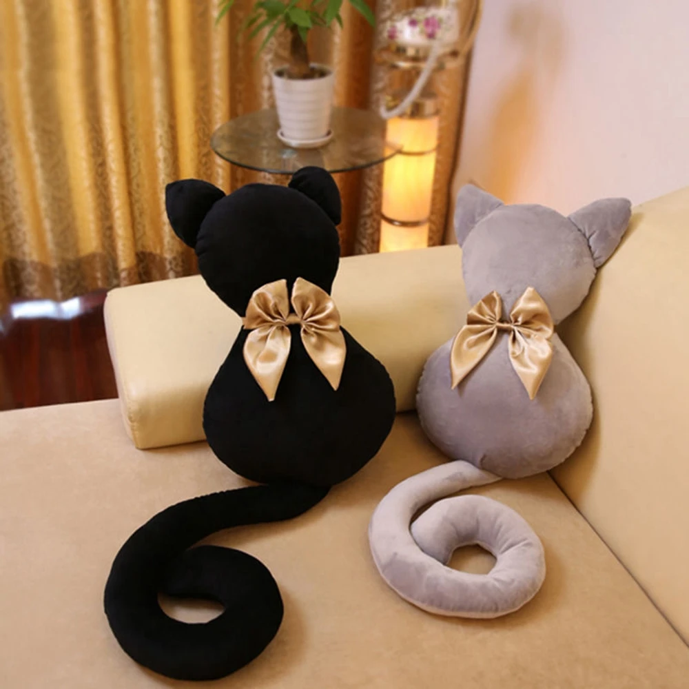 50CM Back Cat Plush Throw Pillow Toy Kitten Long Tail Bow Cute Sofa Decoration Cushion Creative Doll Send Friends Birthday Gift