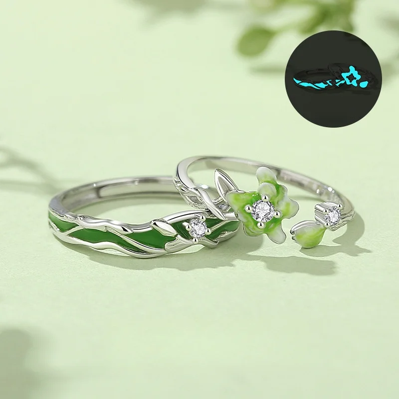 F.I.N.S Original Glow-in-the-Dark Jasmine Flower S925 Sterling Silver Couple’s Rings Green Enamel Adjustable Finger Jewelry