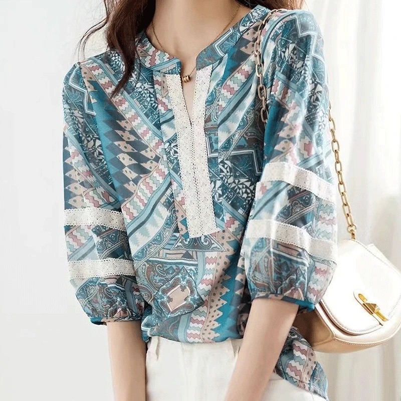 2023 Summer New V-neck Middle Sleeve Lace National Wind and Snow Textile Printing Fashion Leisure Commuting Korean Versatile