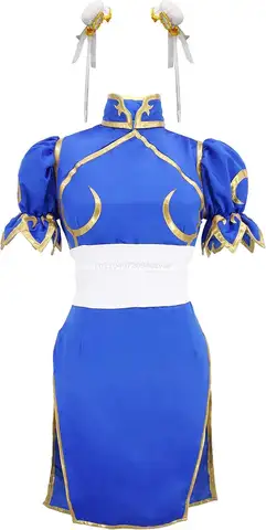 Women's US Size Game Fighter Cosplay Costume Blue Cheongsam with Hair Accessories and Waistband Halloween Costume (3X-Large)
